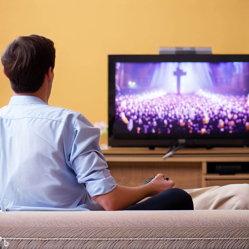Homme regardant la messe à la télévision